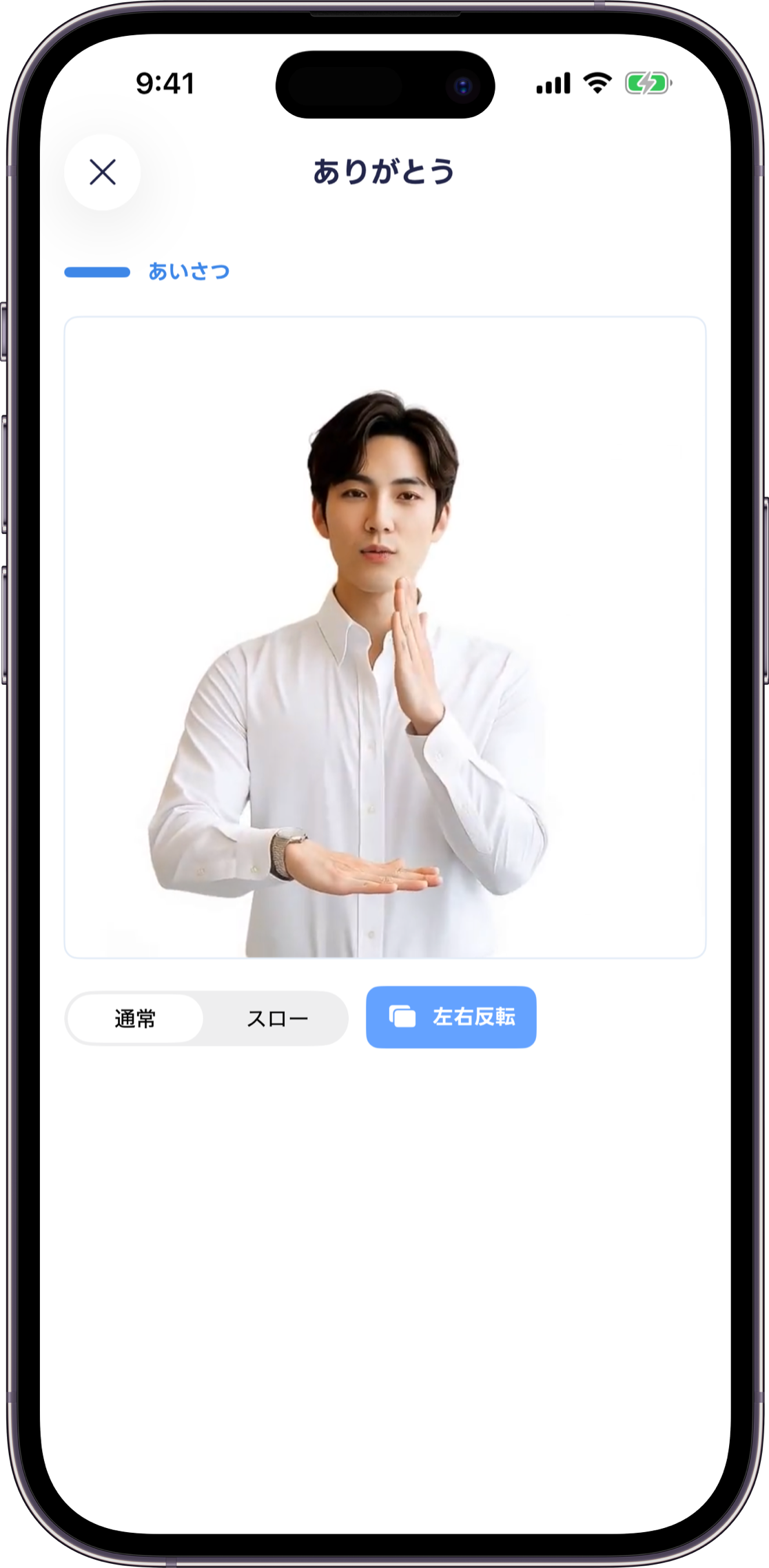 「ありがとう」の動画を通常・スロー・左右反転で確認できる画面